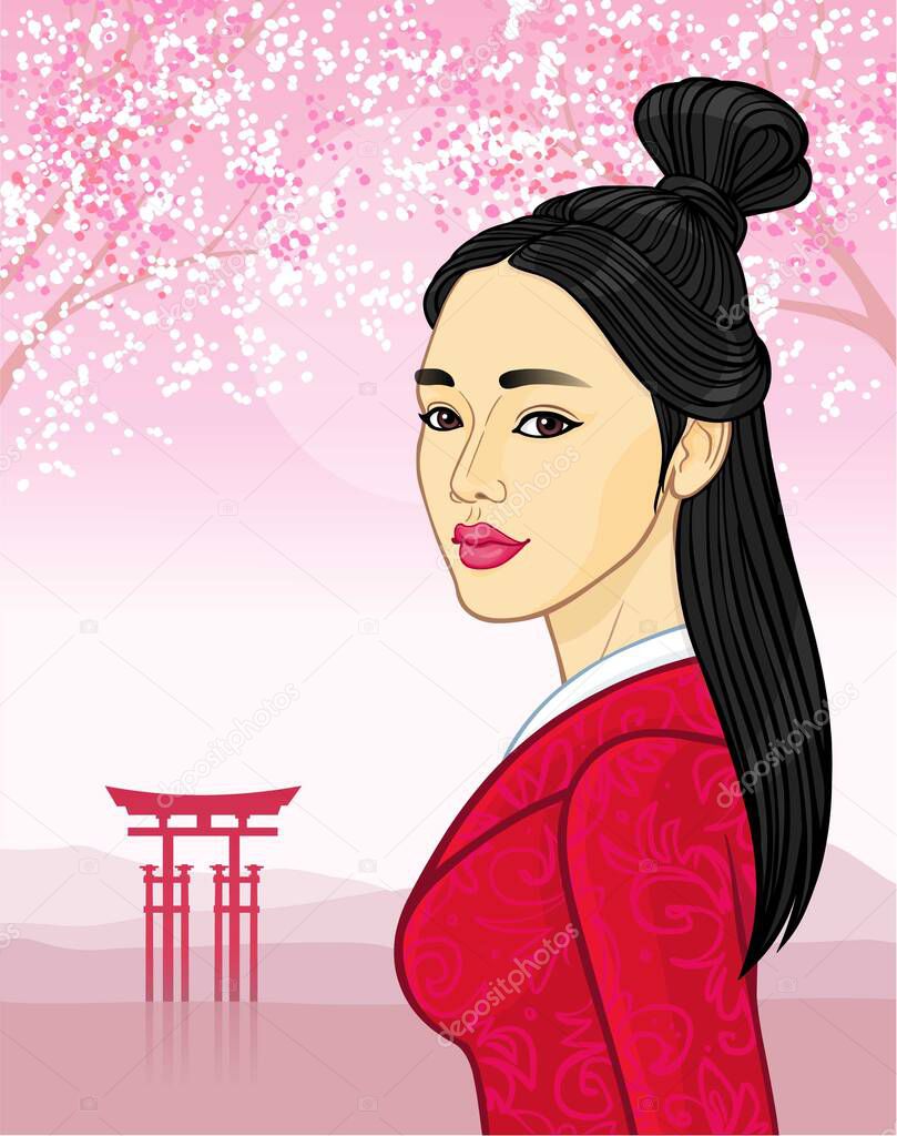 Animation portrait of a young Asian woman with an ancient hairstyle. Background - cartoon landscape, mountains, gate, blossoming cherry.Template for use. Vector illustration.