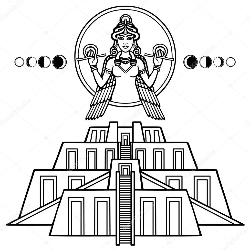 Cartoon drawing: ancient sacred Zikkurat, Goddess Ishtar, phases of the moon. Symbols of Babylon, Assyria, Mesopotamia. Template for use. Vector monochrome illustration isolated on white background.