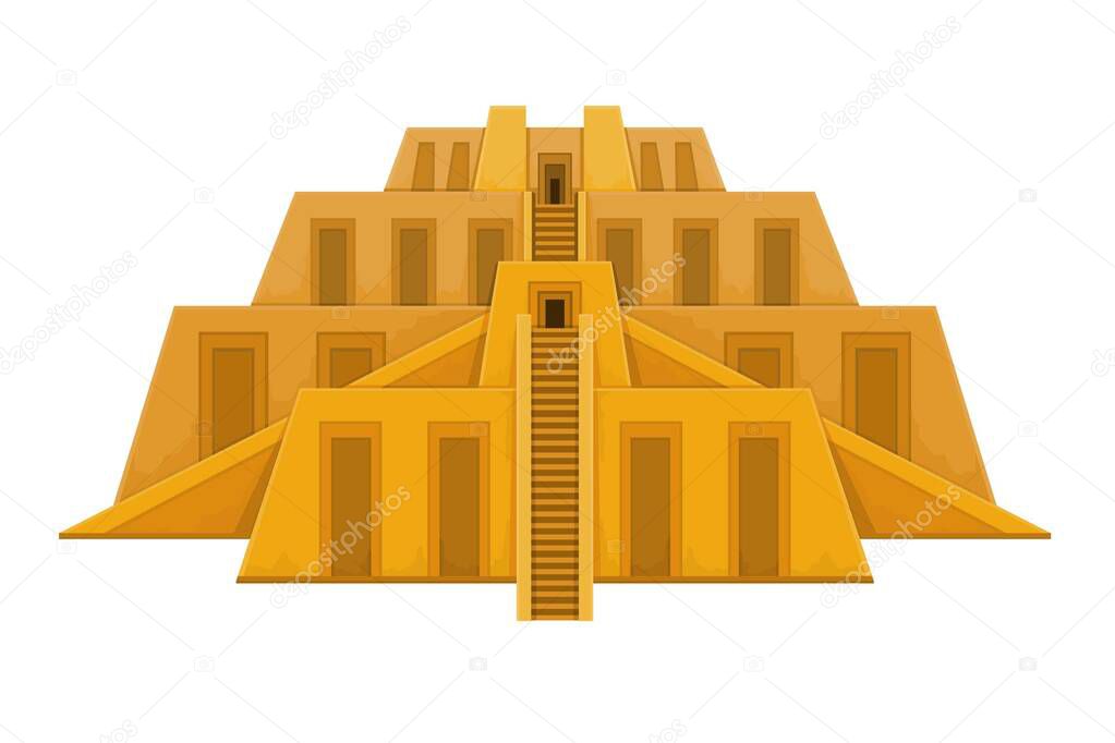 Cartoon drawing: ancient Zikkurat. Architecture of Babylon, Assyria, Mesopotamia. Template for use. Vector color illustration isolated on white background.
