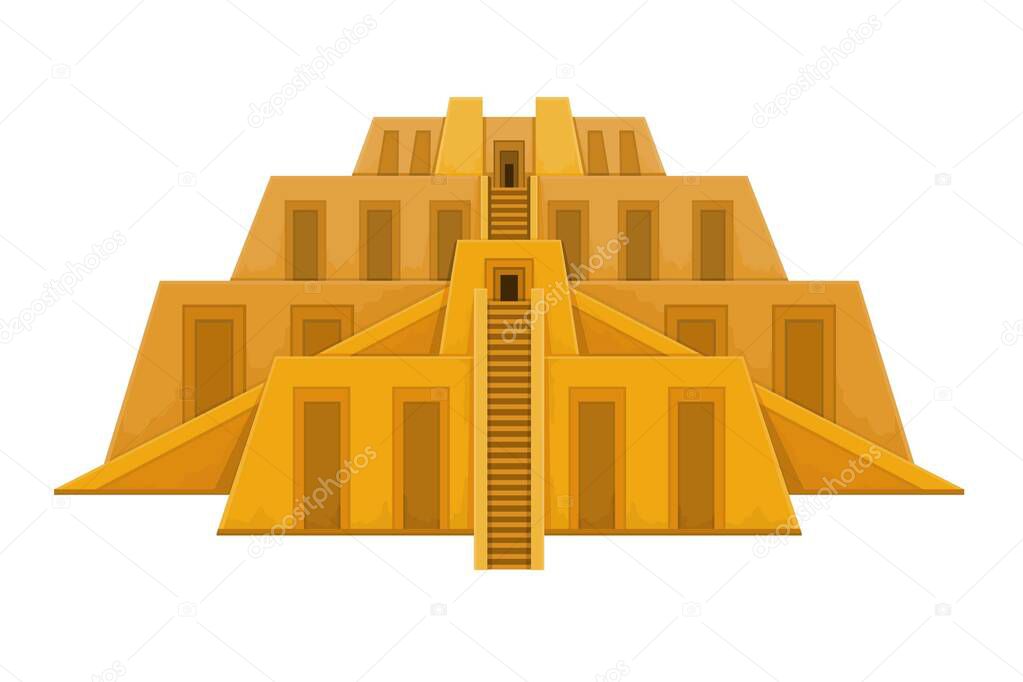 Cartoon drawing: ancient Zikkurat. Architecture of Babylon, Assyria, Mesopotamia. Template for use. Vector color illustration isolated on white background.