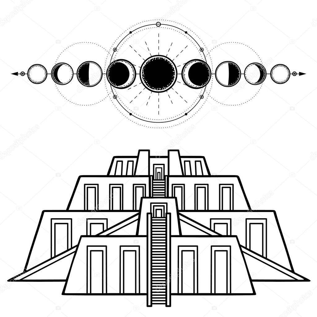 Cartoon drawing: ancient sacred Zikkurat, phases of the moon.  Architecture of Babylon, Assyria, Mesopotamia. Template for use. Vector monochrome illustration isolated on white background.