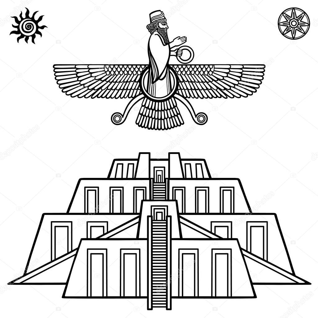 Cartoon drawing: ancient sacred Zikkurat, Image of Farvahar. Symbols of Babylon, Assyria, Mesopotamia. Template for use. Vector monochrome illustration isolated on white background.