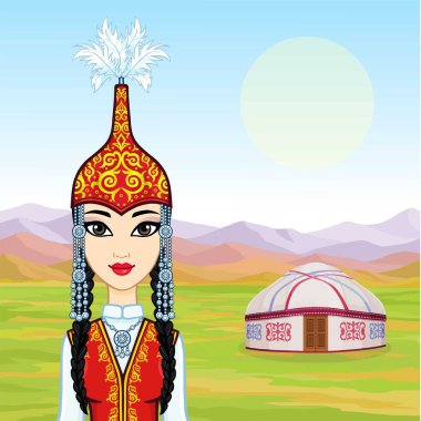 Asyalı güzellik. Antik milli şapkalı ve mücevherli güzel bir kızın animasyon portresi. Orta Asya. Geçmişi, dağ manzarası, eski çadır. Göçebelerin evi. Vektör illüstrasyonu. 