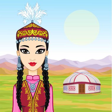 Asyalı güzellik. Antik milli şapkalı ve mücevherli güzel bir kızın animasyon portresi. Orta Asya. Geçmişi, dağ manzarası, eski çadır. Göçebelerin evi. Vektör illüstrasyonu. 
