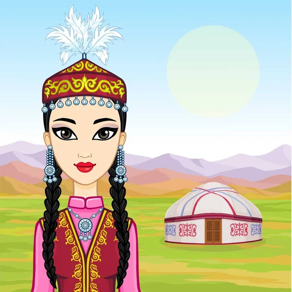 アジアの美しさ 古代の国家のキャップとジュエリーの美しい少女のアニメーションの肖像画 中央アジア 山の風景 古代のパオ 遊牧民の殺害 ベクターイラスト — ストックベクタ