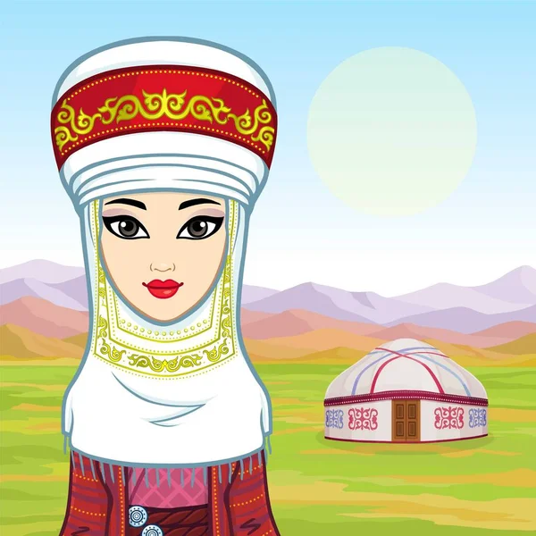 亚洲之美古代国家头巾中一个漂亮女孩的动画肖像 已婚妇女的地址 古老的酸奶 矢量说明 — 图库矢量图片