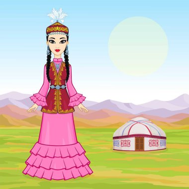 Asyalı güzellik. Antik milli şapkalı ve mücevherli güzel bir kızın animasyon portresi. Tam gelişim. Orta Asya. Geçmişi, dağ manzarası, eski çadır. Göçebelerin evi. Vektör. 