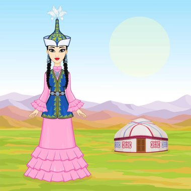 Asyalı güzellik. Antik milli şapkalı ve mücevherli güzel bir kızın animasyon portresi. Tam gelişim. Orta Asya. Geçmişi, dağ manzarası, eski çadır. Göçebelerin evi. Vektör. 