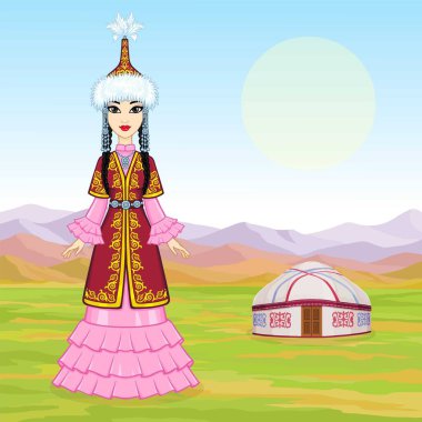 Asian beauty. Animation portrait of a beautiful girl in ancient national cap and jewelry. Full growth. Central Asia. Background - mountain landscape, ancient yurt. Dwelling of nomads. Vector.  clipart