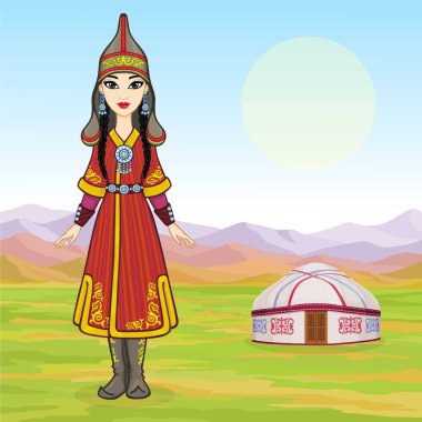 Asyalı güzellik. Antik milli şapkalı ve mücevherli güzel bir kızın animasyon portresi. Orta Asya. Geçmişi, dağ manzarası, eski çadır. Göçebelerin evi. Vektör illüstrasyonu. 