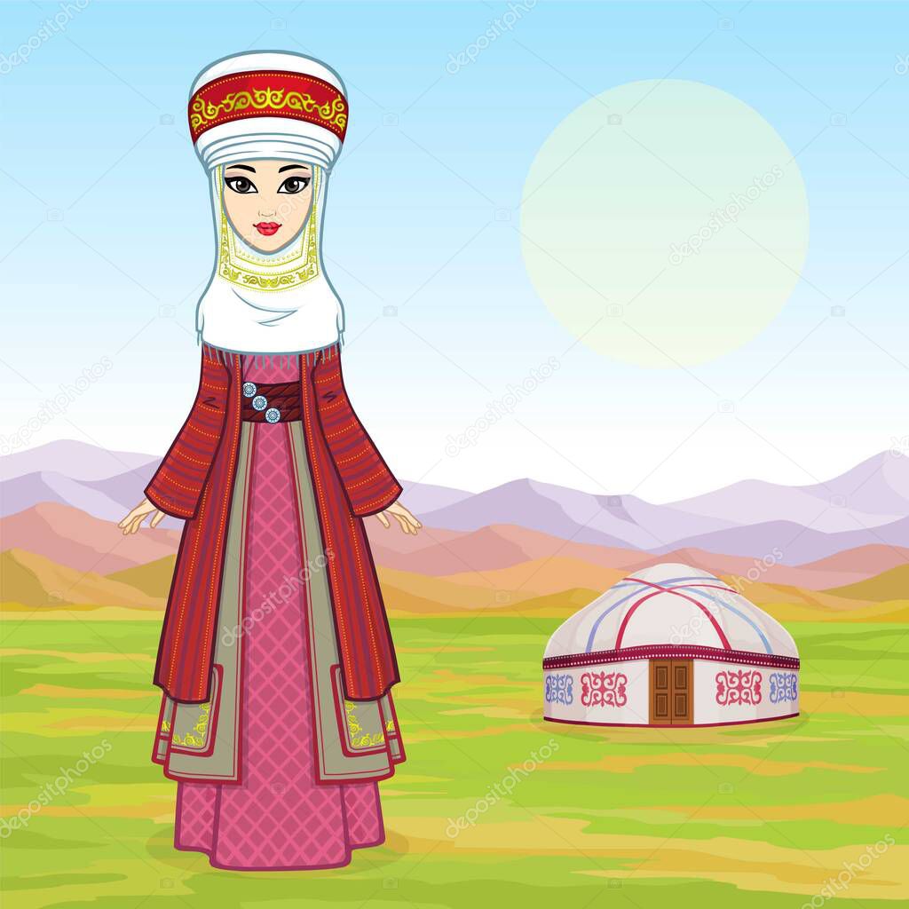 Asian beauty. Animation portrait of a beautiful girl in ancient national turban. Married woman's headdress. Full growth. Central Asia. Background - mountain landscape, ancient yurt. Vector 