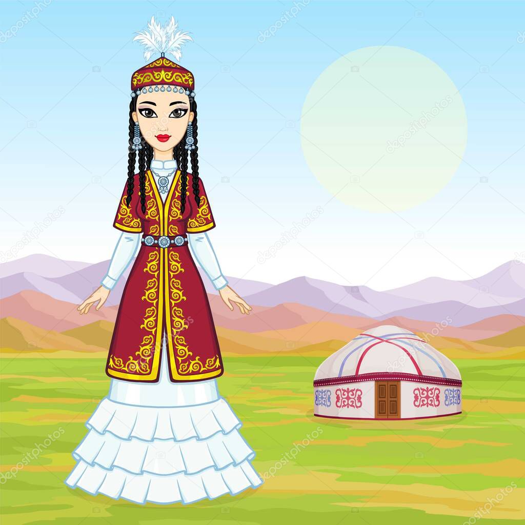 Asian beauty. Animation portrait of a beautiful girl in ancient national cap and jewelry. Full growth. Central Asia. Background - mountain landscape, ancient yurt. Dwelling of nomads. Vector. 