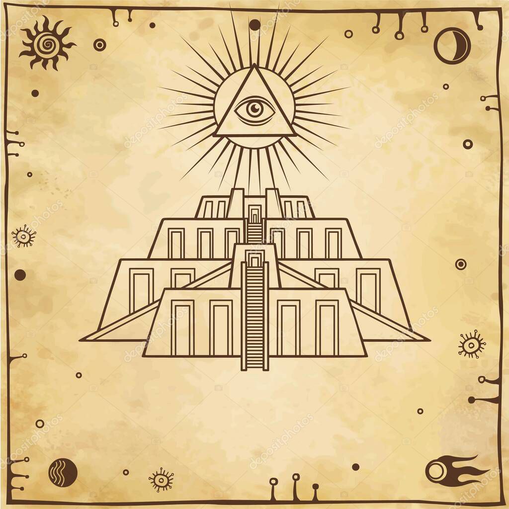Cartoon drawing: ancient Zikkurat. Architecture of Babylon, Assyria, Mesopotamia. All-seeing divine eye. Space symbols. Background -imitation of old paper. Vector illustration.