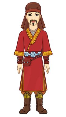 Ulusal şapka ve kıyafetlerle Asyalı bir savaşçının animasyon portresi. Tam gelişim. Orta Asya. Beyaz arkaplanda izole edilmiş vektör illüstrasyonu.