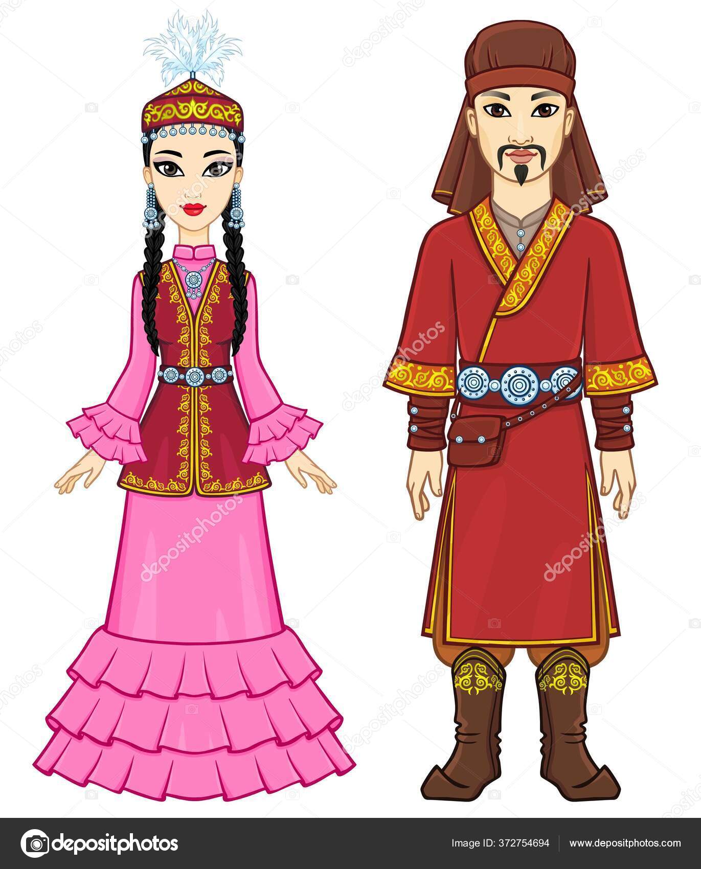 Анимационный Портрет Азиатской Семьи Национальной Шляпе Одежде.