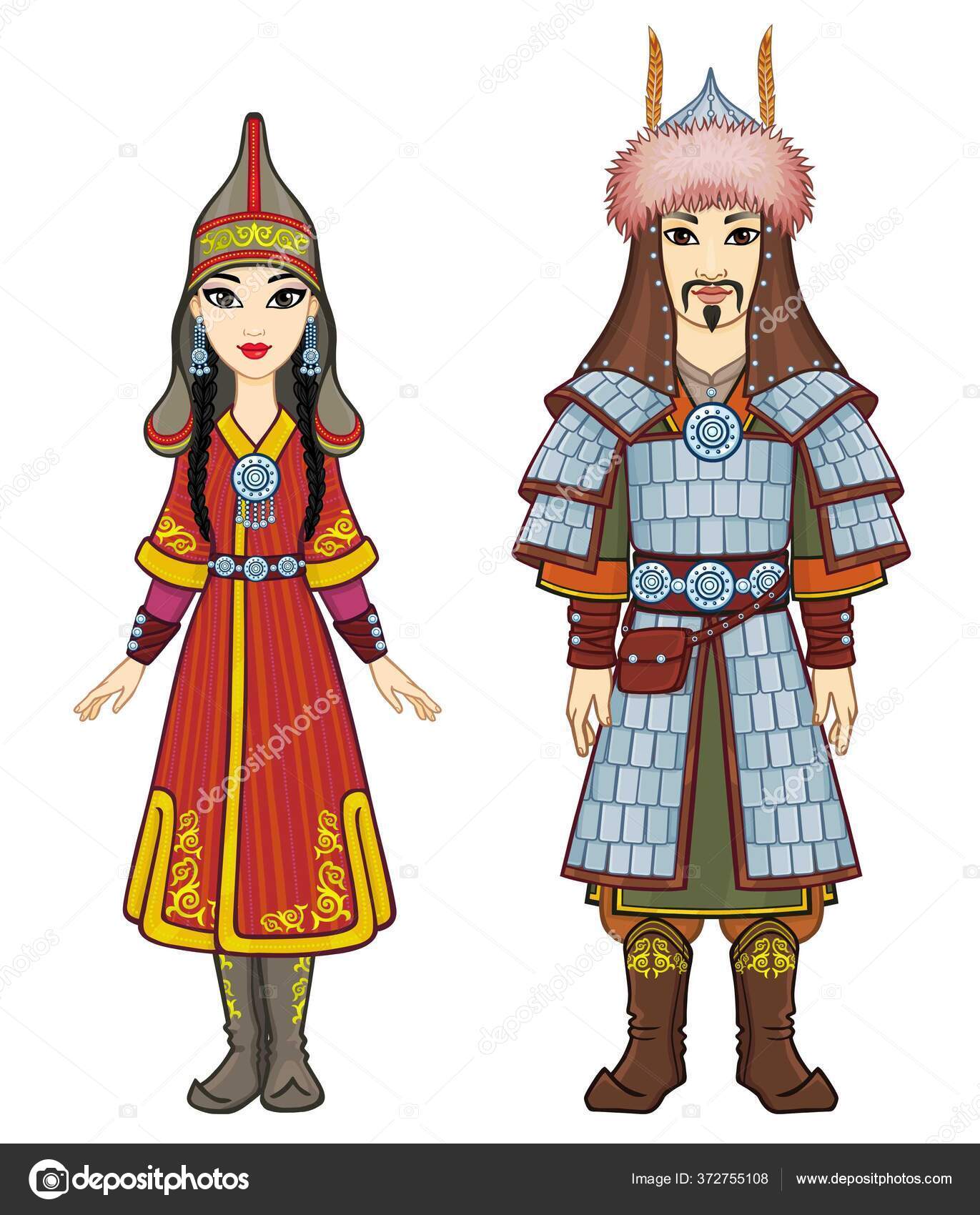 身穿民族帽和民族服装的亚洲家庭的动画肖像男人战士和亚马逊女人全面增长在白色背景上孤立的向量图 图库矢量图像 C Roomyana
