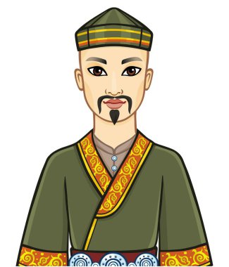 Ulusal şapka ve kıyafetlerle Asyalı bir savaşçının animasyon portresi. Orta Asya. Beyaz arkaplanda izole edilmiş vektör illüstrasyonu.