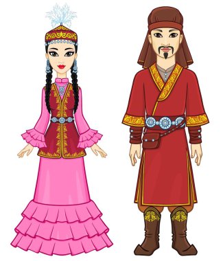 Ulusal bir şapka ve kıyafetle Asyalı bir ailenin animasyon portresi. Tam gelişim. Orta Asya. Beyaz arkaplanda izole edilmiş vektör illüstrasyonu.