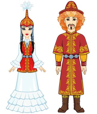 Ulusal bir şapka ve kıyafetle Asyalı bir ailenin animasyon portresi. Tam gelişim. Orta Asya. Beyaz arkaplanda izole edilmiş vektör illüstrasyonu.