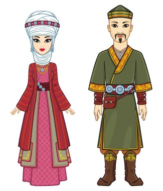 Ulusal bir şapka ve kıyafetle Asyalı bir ailenin animasyon portresi. Tam gelişim. Orta Asya. Beyaz arkaplanda izole edilmiş vektör illüstrasyonu.