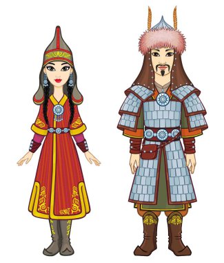 Ulusal bir şapka ve kıyafetle Asyalı bir ailenin animasyon portresi. Erkek savaşçı ve Amazon kadını. Tam gelişim. Orta Asya. Beyaz arkaplanda izole edilmiş vektör illüstrasyonu.