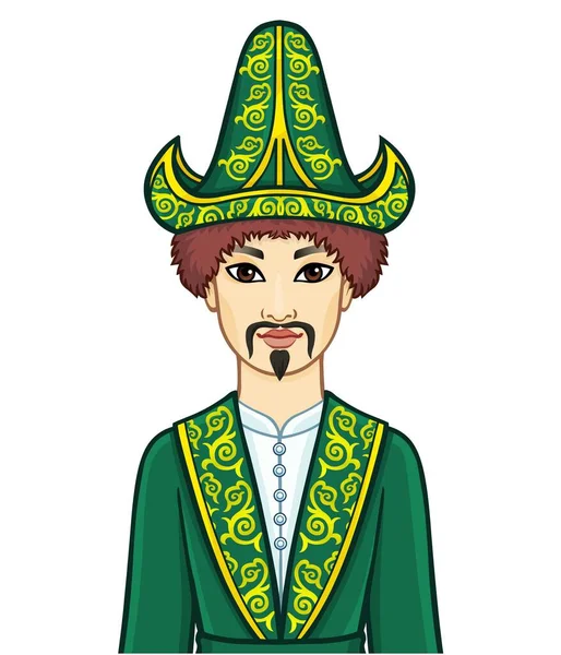 Animation Porträtt Asiatisk Man Krigare Nationell Hatt Och Kläder Centralasien — Stock vektor