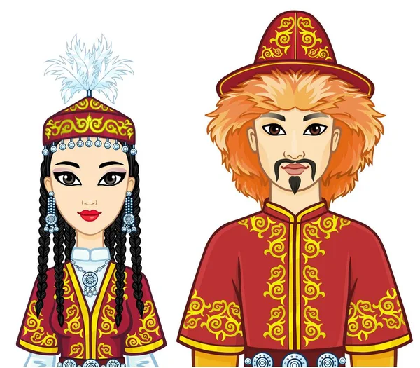 民族の帽子や服でアジアの家族のアニメーションの肖像画 中央アジア 白い背景に独立したベクターイラスト — ストックベクタ