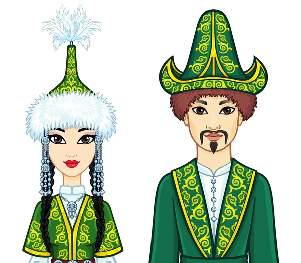 Portrait Animation Famille Asiatique Dans Chapeau Des Vêtements Nationaux Asie — Image vectorielle