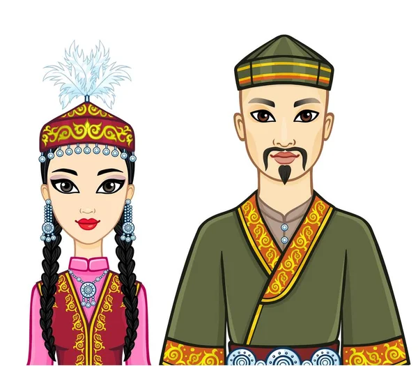 Animation Portrait Asian Family National Hat Clothes Central Asia Vector — Stock Vector
