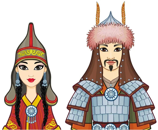 Κινούμενο Πορτρέτο Της Ασιατικής Οικογένειας Ένα Εθνικό Καπέλο Και Ρούχα — Διανυσματικό Αρχείο