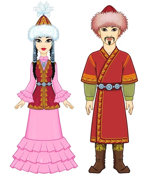 Анимационный Портрет Азиатской Семьи Национальной Шляпе Одежде Полный Рост Центральная — стоковый вектор