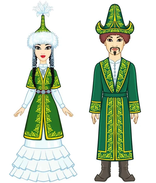 民族の帽子や服でアジアの家族のアニメーションの肖像画 完全な成長 中央アジア 白い背景に独立したベクターイラスト — ストックベクタ