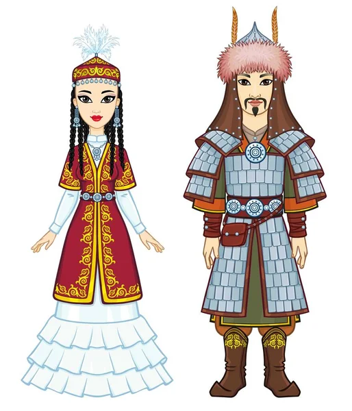 Portrait Animation Famille Asiatique Dans Chapeau Des Vêtements Nationaux Guerrier — Image vectorielle