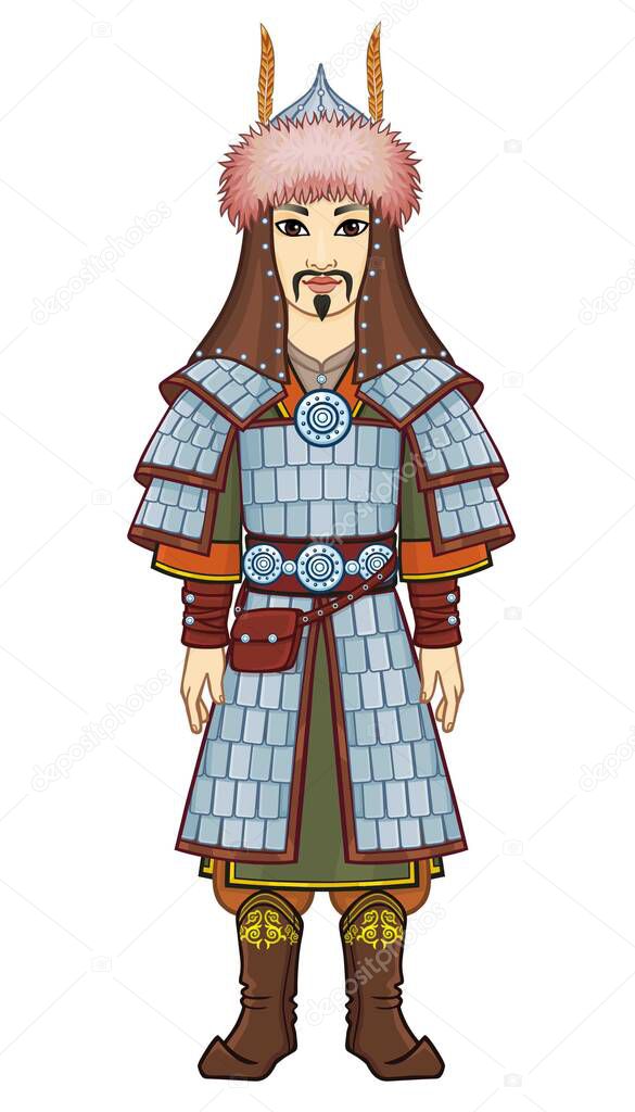 Animation  portrait of  Asian man warrior in a national military armor. Full growth. Central Asia. Vector illustration isolated on a white background.