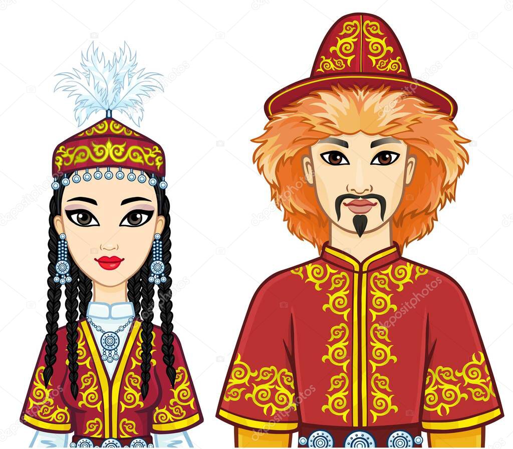 Animation  portrait of  Asian family in a national hat and clothes. Central Asia. Vector illustration isolated on a white background.