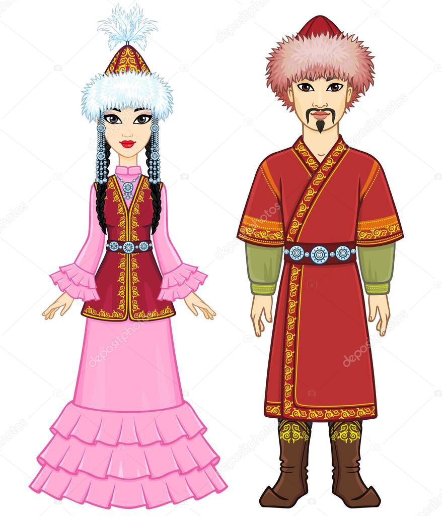 Animation  portrait of  Asian family in a national hat and clothes. Full growth. Central Asia. Vector illustration isolated on a white background.