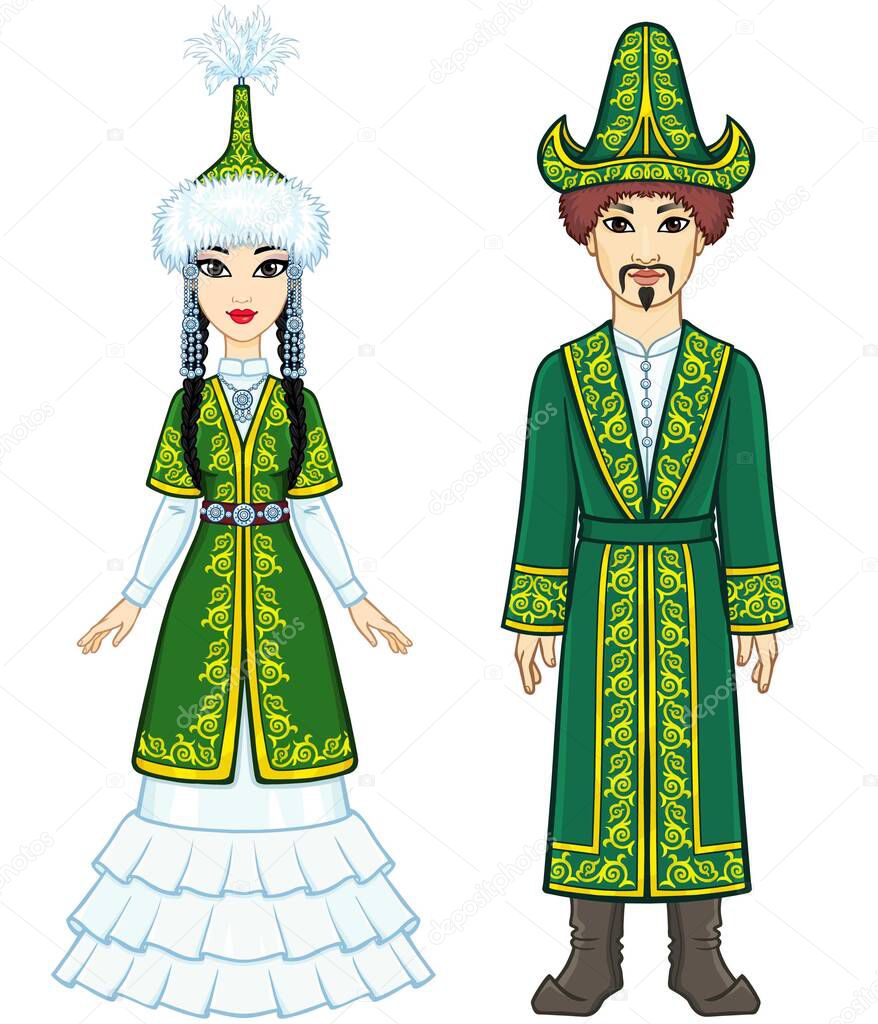 Animation  portrait of  Asian family in a national hat and clothes. Full growth. Central Asia. Vector illustration isolated on a white background.