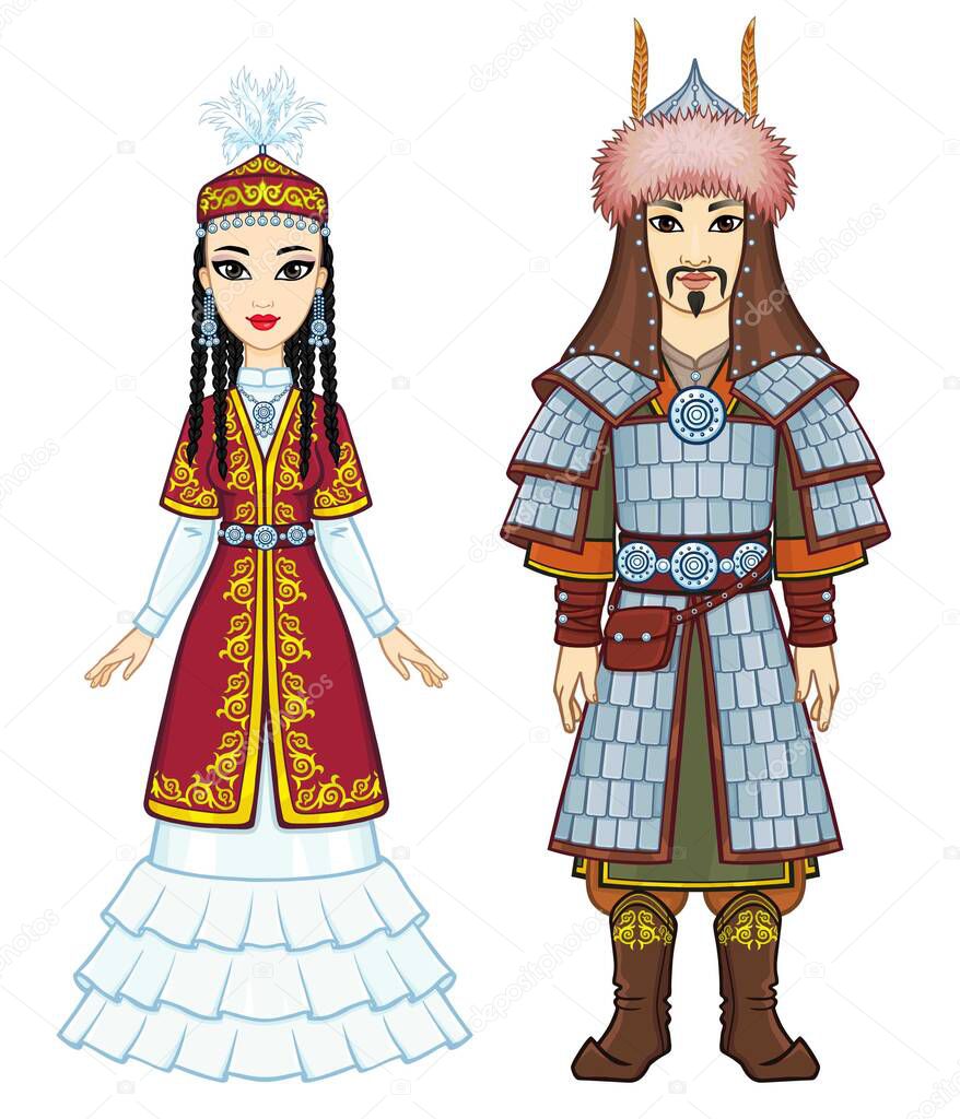 Animation  portrait of  Asian family in a national hat and clothes. Male warrior and female princess. Full growth. Central Asia. Vector illustration isolated on a white background.
