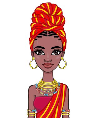 Animation portrait of a young African woman in a red turban and ethnic jewelry. Template for use.  Vector illustration isolated on white background. clipart