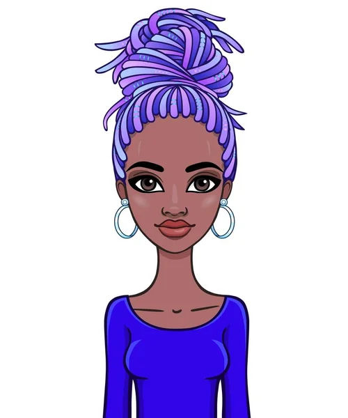 一个蓝色头发的年轻非洲女人的动画肖像 供使用 在白色背景上孤立的向量图 — 图库矢量图片