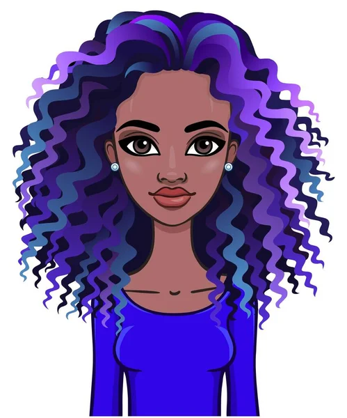 一个有着蓝色卷曲长发的年轻非洲女人的动画肖像 供使用 在白色背景上孤立的向量图 — 图库矢量图片