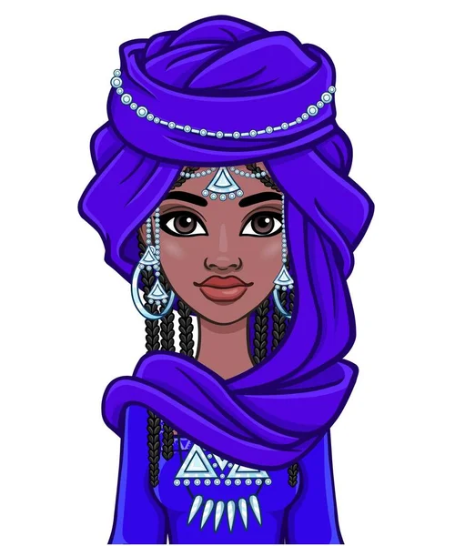 Animatie Portret Van Een Jonge Afrikaanse Vrouw Een Blauwe Tulband — Stockvector