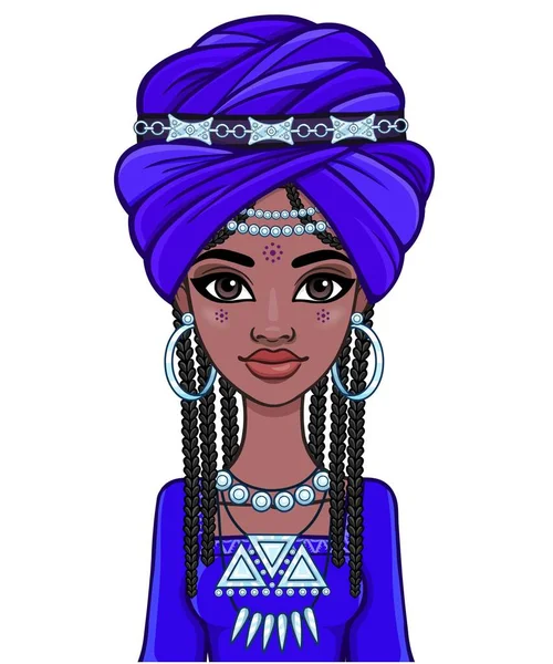 Animationsporträt Einer Jungen Afrikanerin Mit Blauem Turban Und Ethnischem Schmuck — Stockvektor