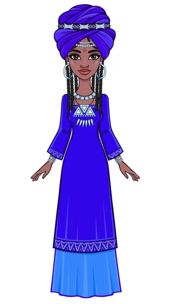 一个戴着蓝色头巾和民族珠宝的美丽的非洲女人的动画肖像 全面增长 供使用 在白色背景上孤立的向量图 — 图库矢量图片