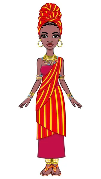 Retrato Animación Una Joven Africana Con Turbante Rojo Joyas Étnicas — Vector de stock