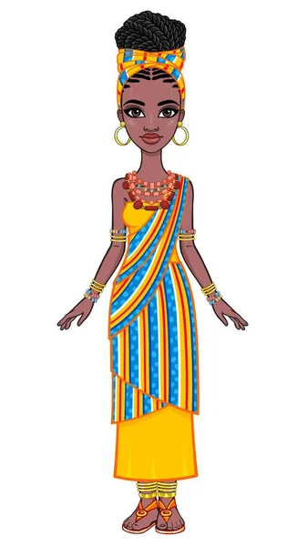 Animation Portrait Young African Woman Orange Turban Ethnic Jewelry Full — Stock Vector