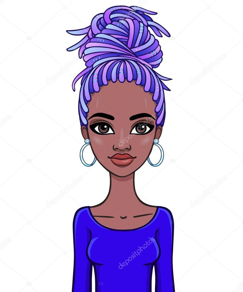 Animation portrait of a young African woman with  blue  hair. Template for use.  Vector illustration isolated on white background.
