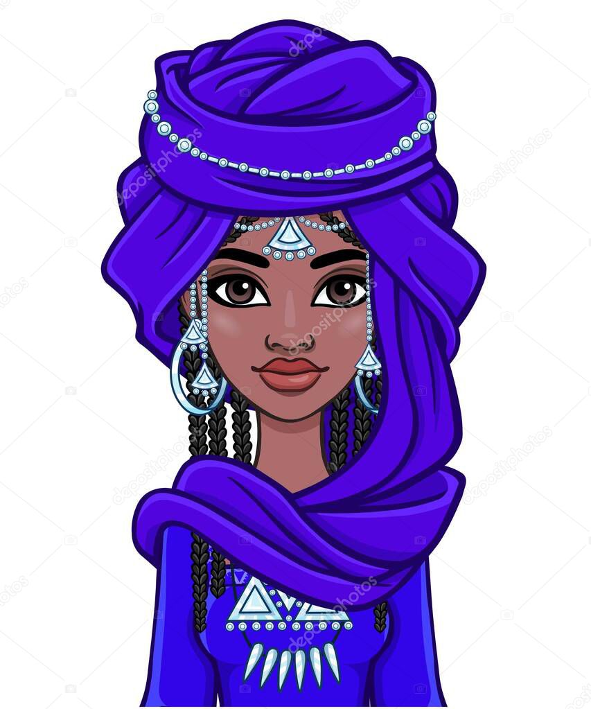 Animation portrait of a young African woman in a blue turban and ethnic jewelry. Template for use.  Vector illustration isolated on white background.