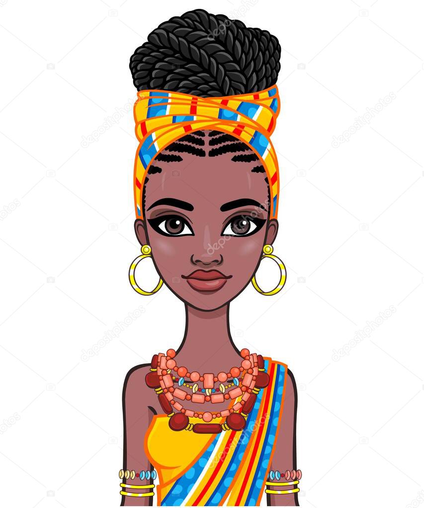 Animation portrait of a young African woman in a orange turban and ethnic jewelry. Template for use.  Vector illustration isolated on white background.