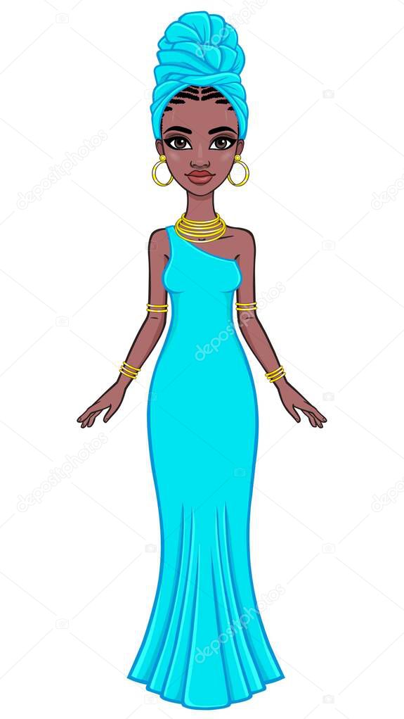 Animation portrait of a young African woman in a blue turban. Full growth. Template for use.  Vector illustration isolated on white background.